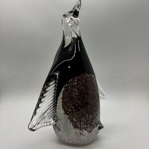 Art glass Emperor PENGUIN BLACK, BROWN, Clear and White 9" High